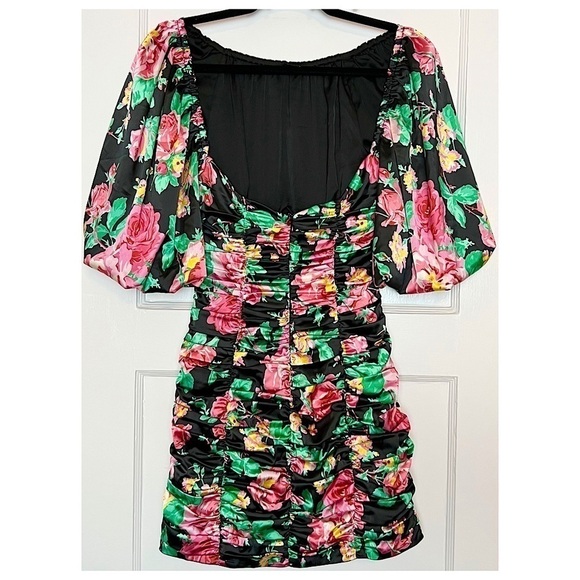 NWT FOR LOVE & LEMONS Floral Satin Puff Sleeve Open Back Ruched Bodycon Dress S - Picture 11 of 14